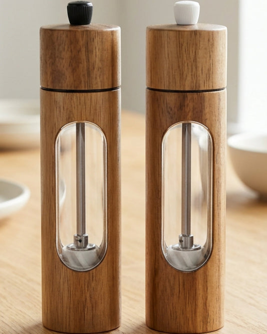 Novahu Acacia Window Manual Pepper and Salt Mill Set of 2 18 cm - Lifestyle view